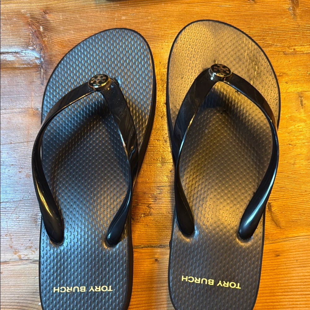 Tory Burch Black Cut-Out Wedge Flip Flops